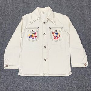 Vintage 70s Cowboy Rodeo Embroidered Metal Snap‎ White Canvas Shirt Youth Medium